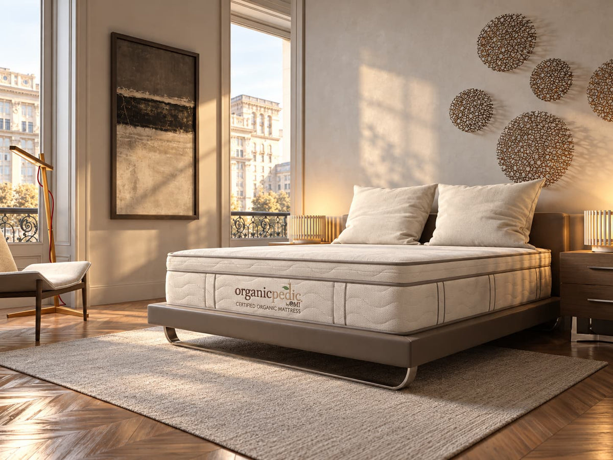 Duo certified organic mattress in a sunlit bedroom