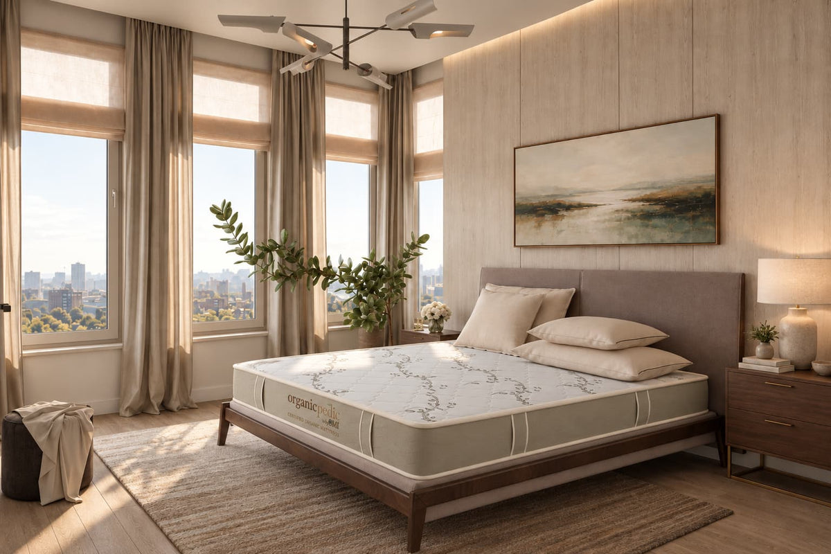 Midori certified organic mattress in a sunlit bedroom
