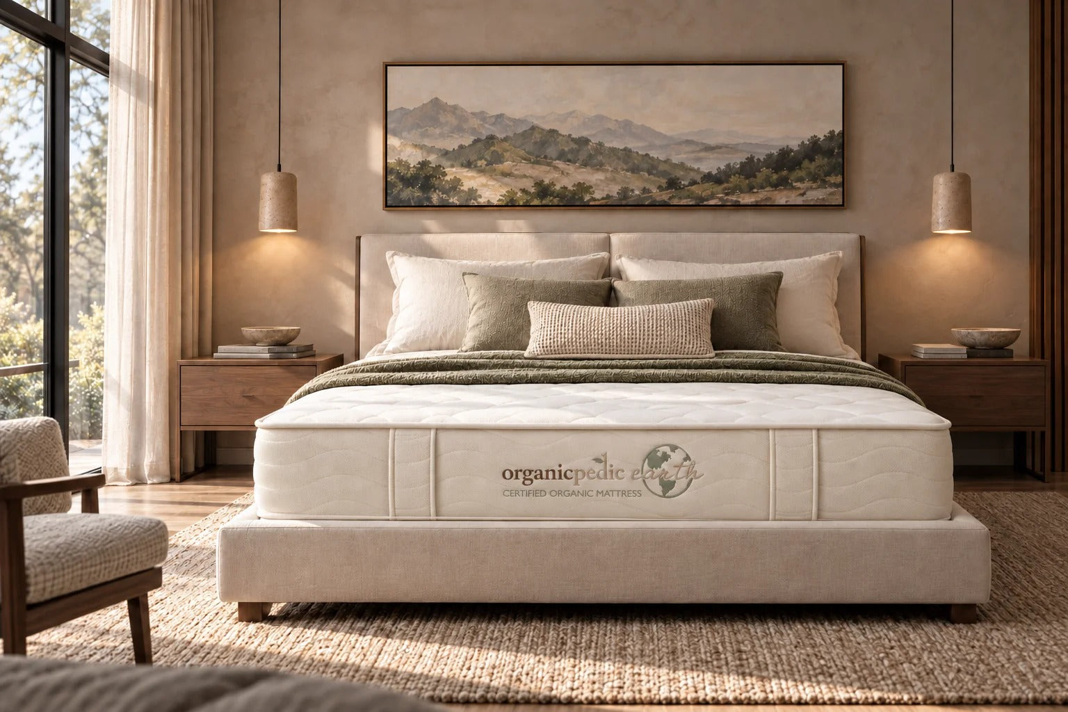 OrganicPedic Earth certified organic mattress on an upholstered bed in a sunlit bedroom