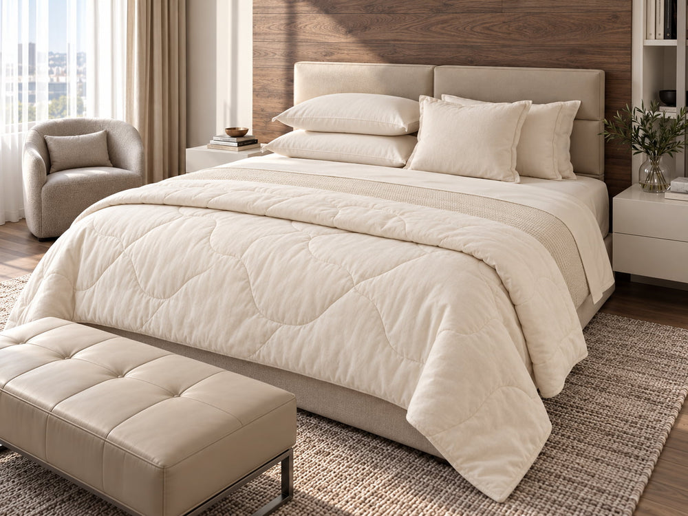 Bed made up with an ivory organic quilted wool comforter and organic pillows