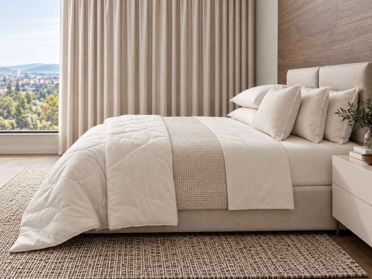 Bed made up with an ivory organic quilted wool comforter, organic sheets and pillows