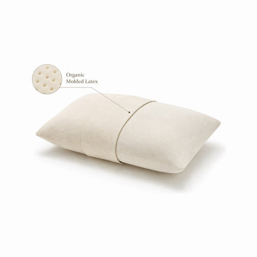 Certified organic molded latex pillow with organic molded latex detail