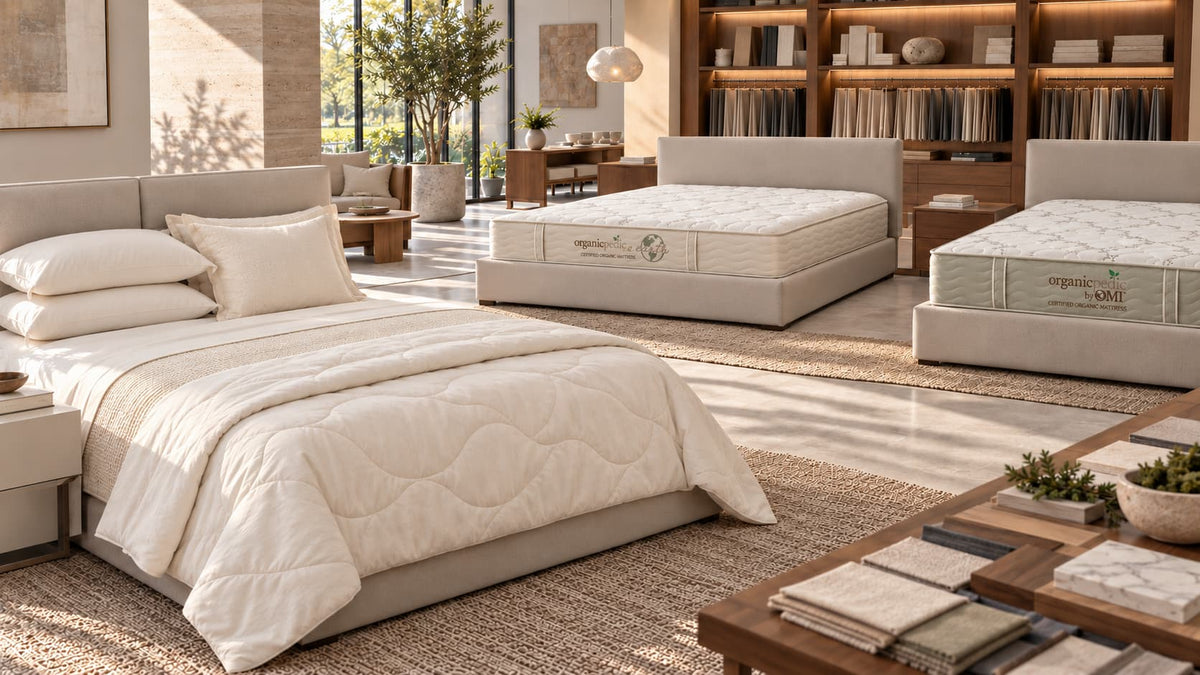 OMI organic mattresses and bedding displayed in a sunlit showroom with fabric samples